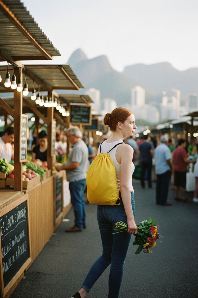 Kuhome yellow nylon drawstring backpack at a vibrant outdoor market, filled with flowers and veggies.