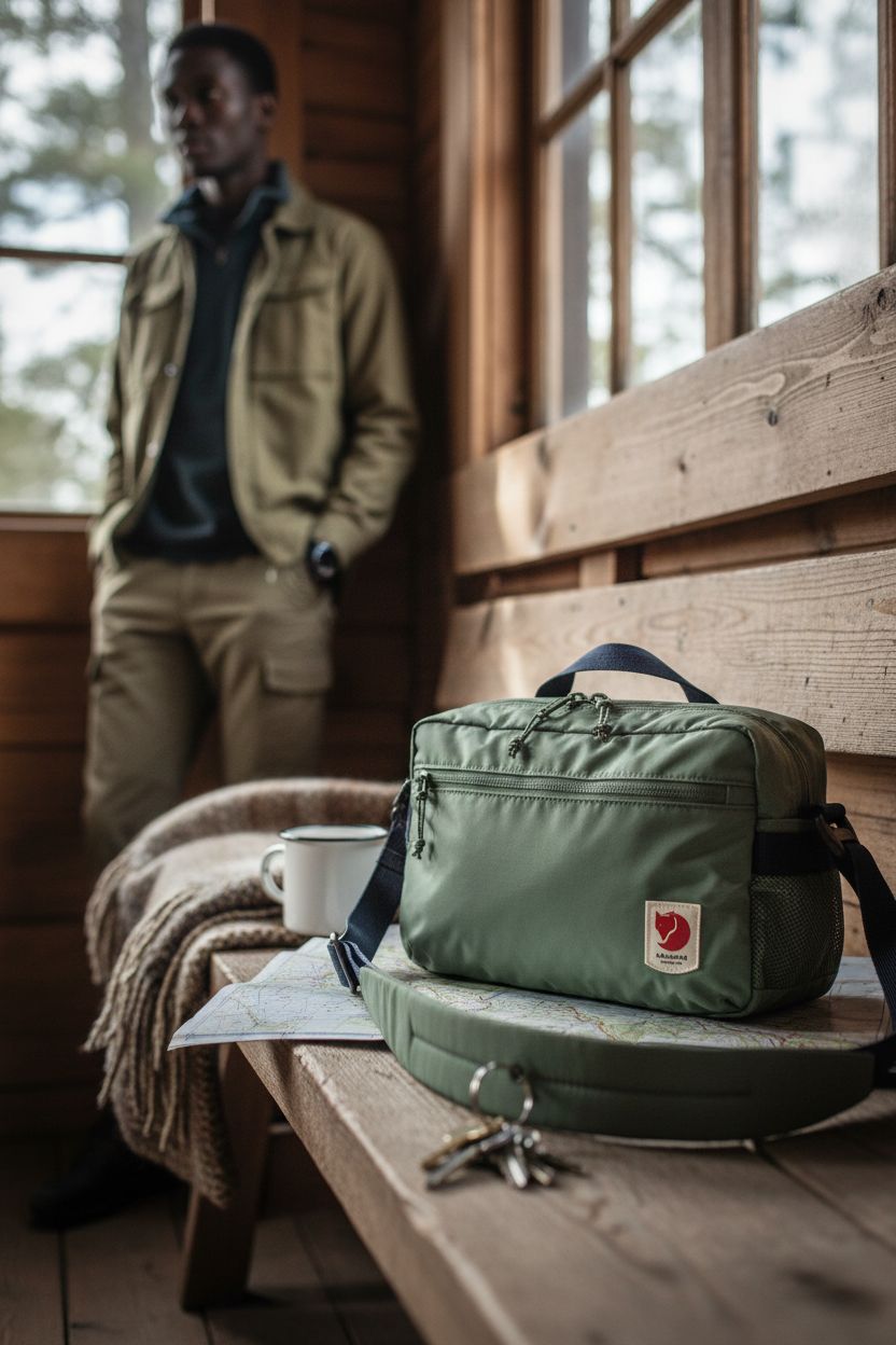 Fjällräven Patina Green crossbody bag on a cozy cabin bench with a map and mug, highlighting its versatile use.