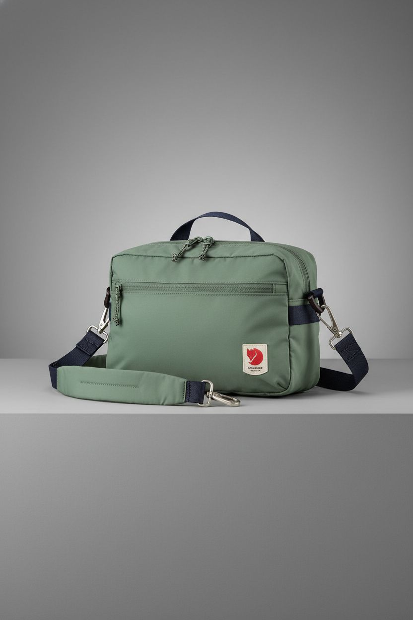 Fjällräven Patina Green crossbody bag showcased on a clean pedestal, emphasizing its recycled nylon design.