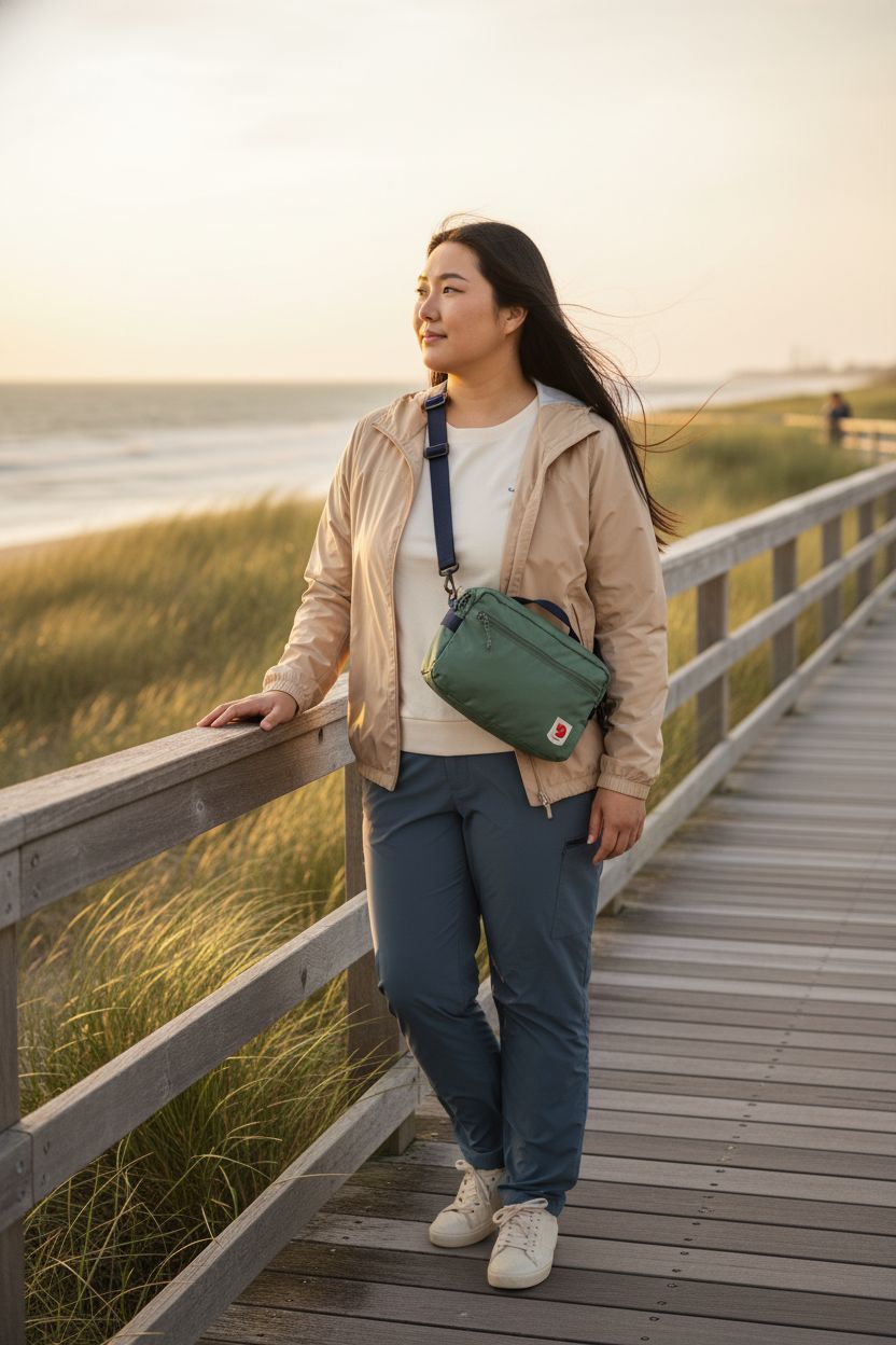 Fjällräven Patina Green crossbody bag worn on coastal boardwalk, blending style with functionality.