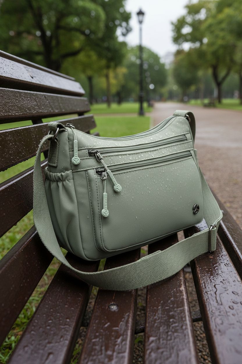 Pealwel light green nylon purse on wooden park bench with rain droplets and greenery