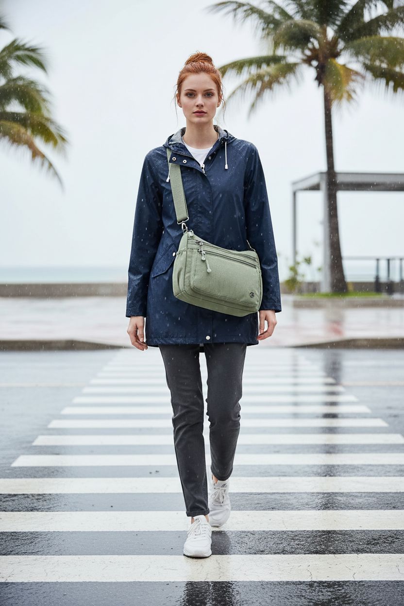 Pealwel light green nylon purse worn during light drizzle, showcasing its water-resistant feature