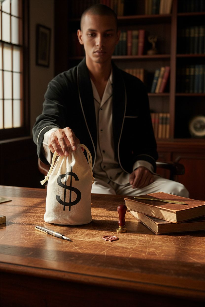 Beistle money sack on a mahogany desk in an old-money study setting