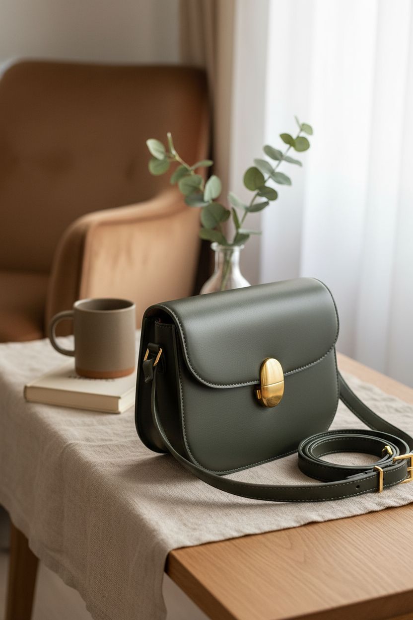 Cozy setting featuring Amazon Essentials dark olive bag with plush textures and calming decor.