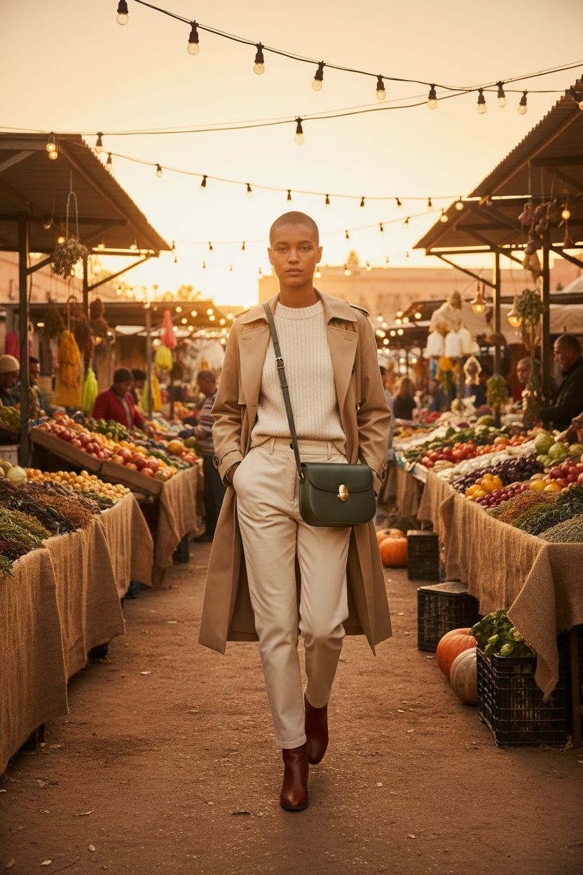 Dark olive crossbody bag from Amazon Essentials perfectly complements autumn outfits at an outdoor market.