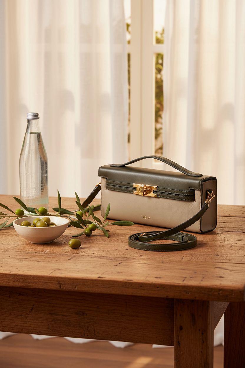 JW PEI dark olive bag on a rustic table, surrounded by olives and sparkling water, capturing a cozy vibe.