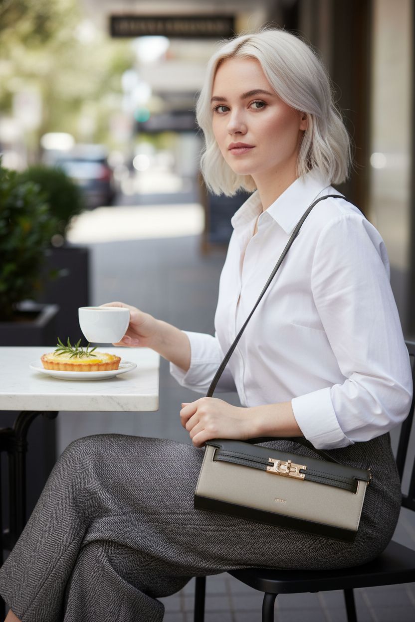 JW PEI dark olive faux suede top handle bag placed elegantly at a café table.