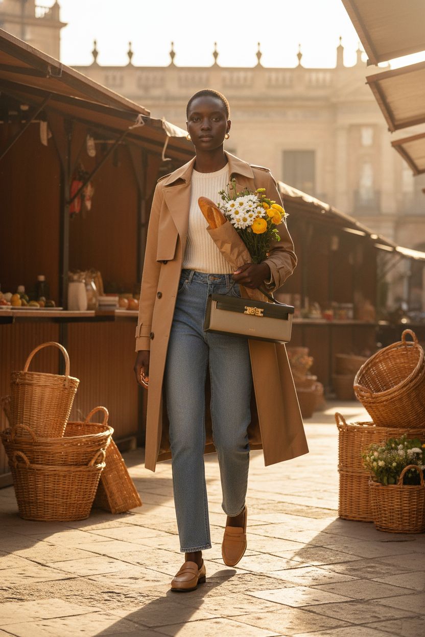 JW PEI dark olive purse carried with elegance, showcasing its structured design and gold clasp.