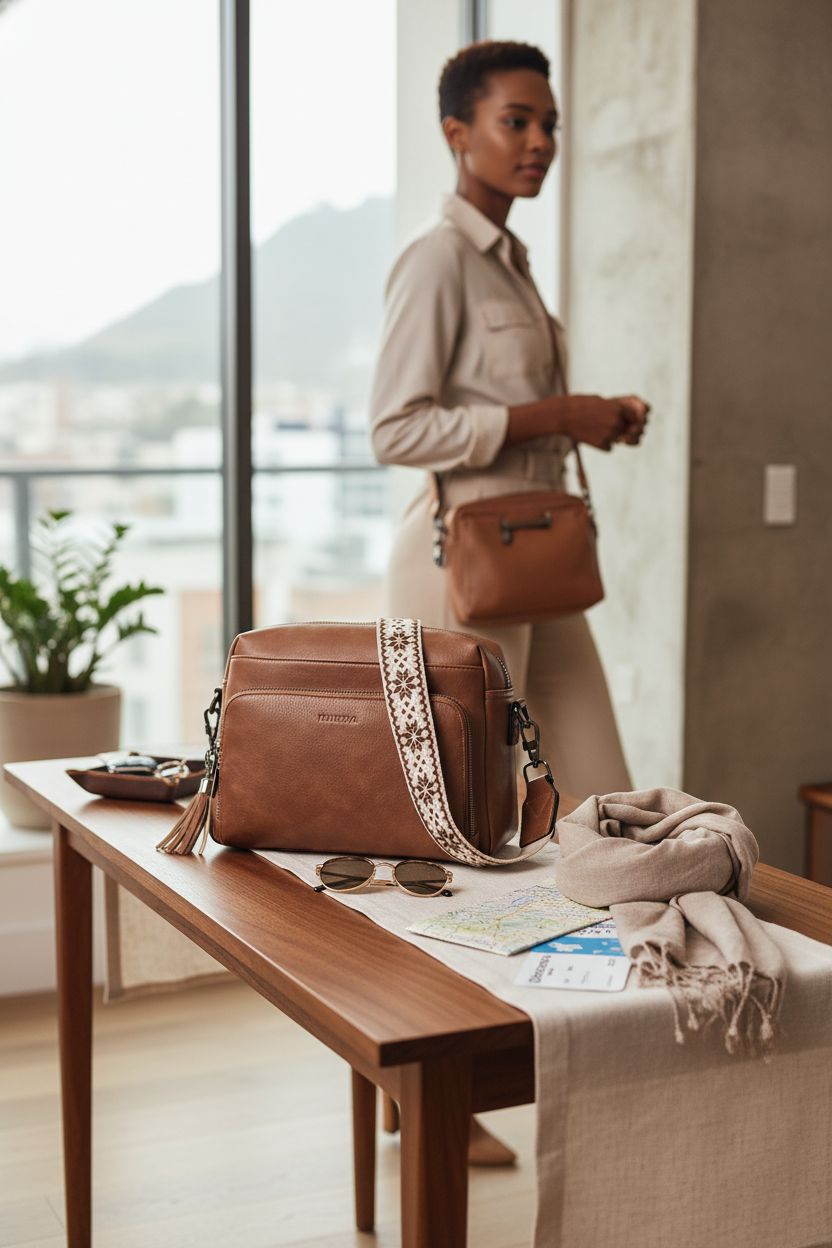 POIUGOYA cognac vegan leather crossbody purse beside sunglasses and keys in a travel-ready entryway.