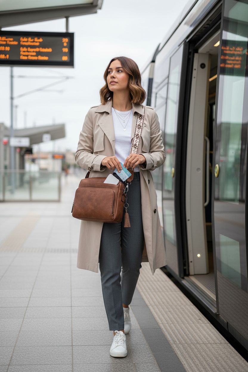 POIUGOYA cognac vegan leather crossbody purse with RFID wallet at a modern light-rail platform.