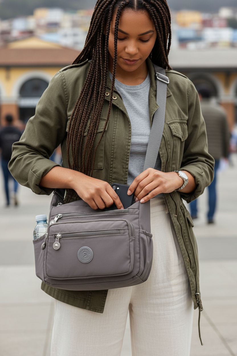 Pealwel grey organizer purse with multiple pockets, showcasing a front pocket and side bottle holder.