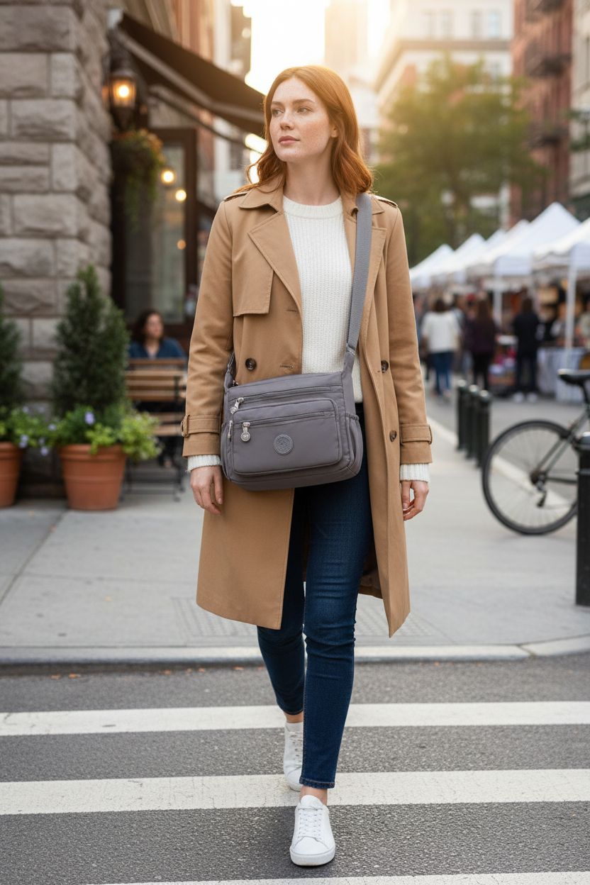 Pealwel crossbody purse in grey, perfect for weekend outings with ample pocket space.