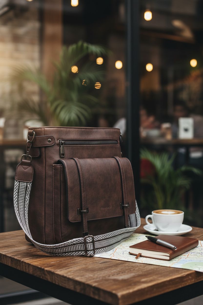 Roulens crossbody handbag resting on a wooden table, surrounded by travel essentials and a warm café vibe.