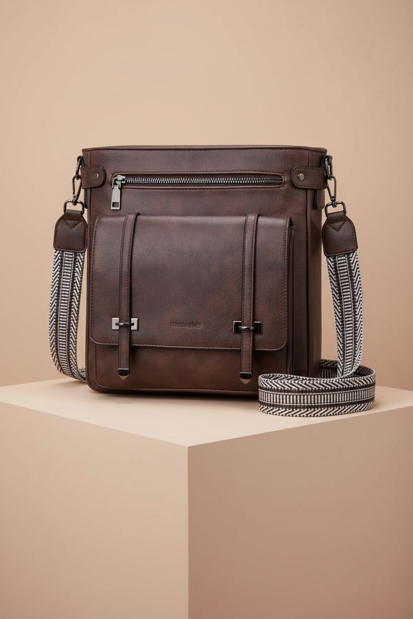 Roulens adjustable strap crossbody bag displayed on a pedestal, highlighting its sleek design and functionality.