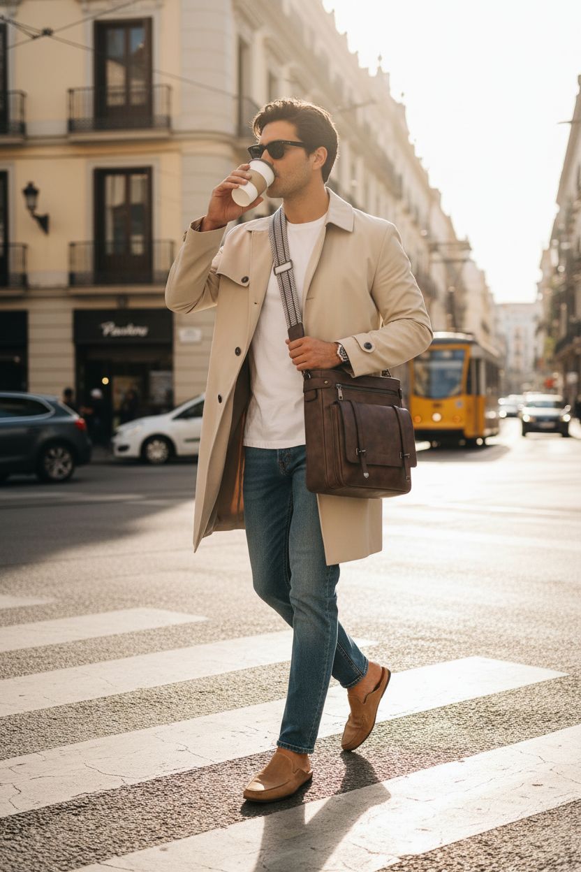 Roulens vegan leather crossbody purse in chocolate brown, stylishly worn with a patterned strap.