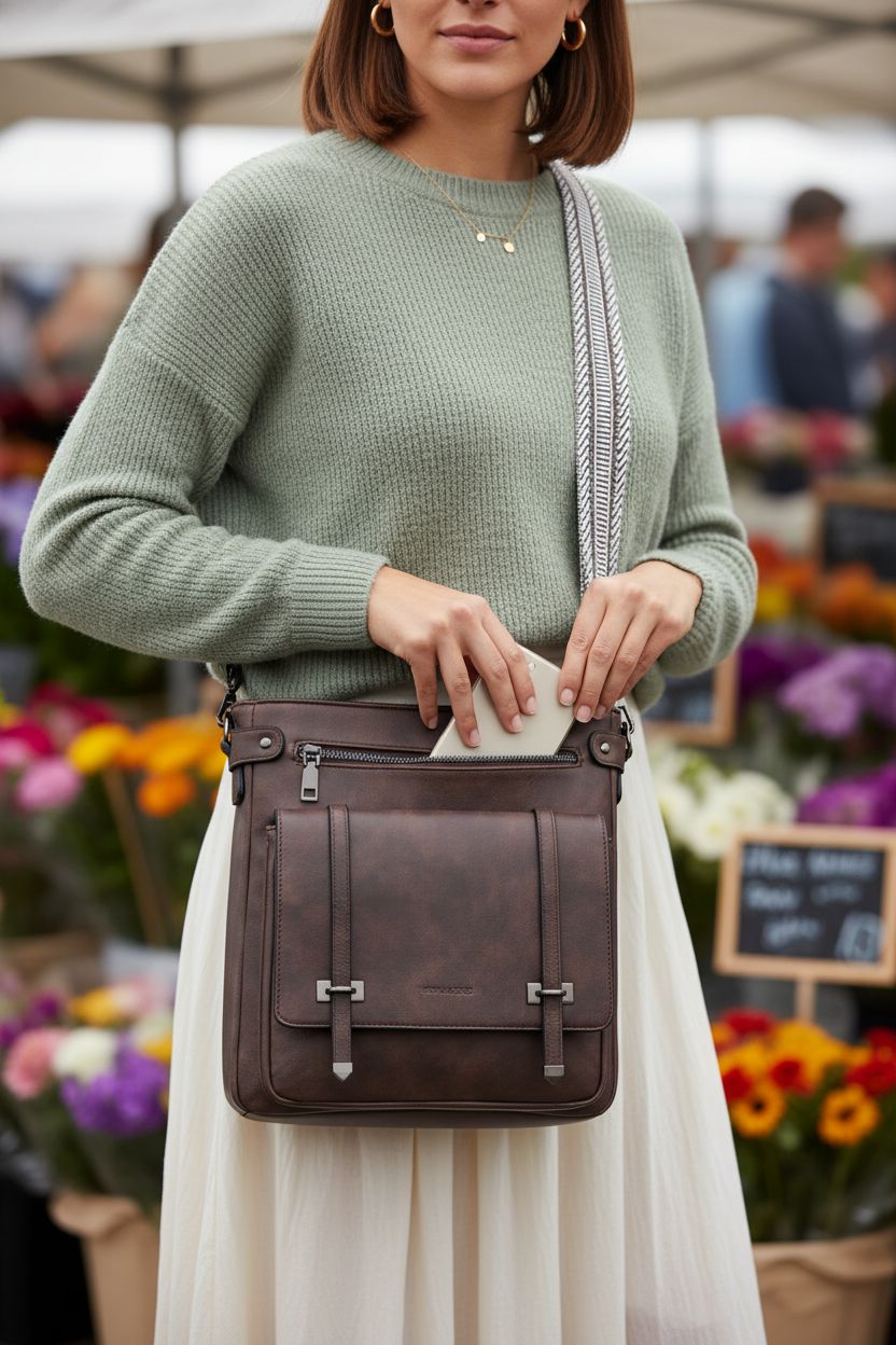 Roulens dark brown crossbody purse at a market, showcasing its magnetic flap and multi-pocket design.
