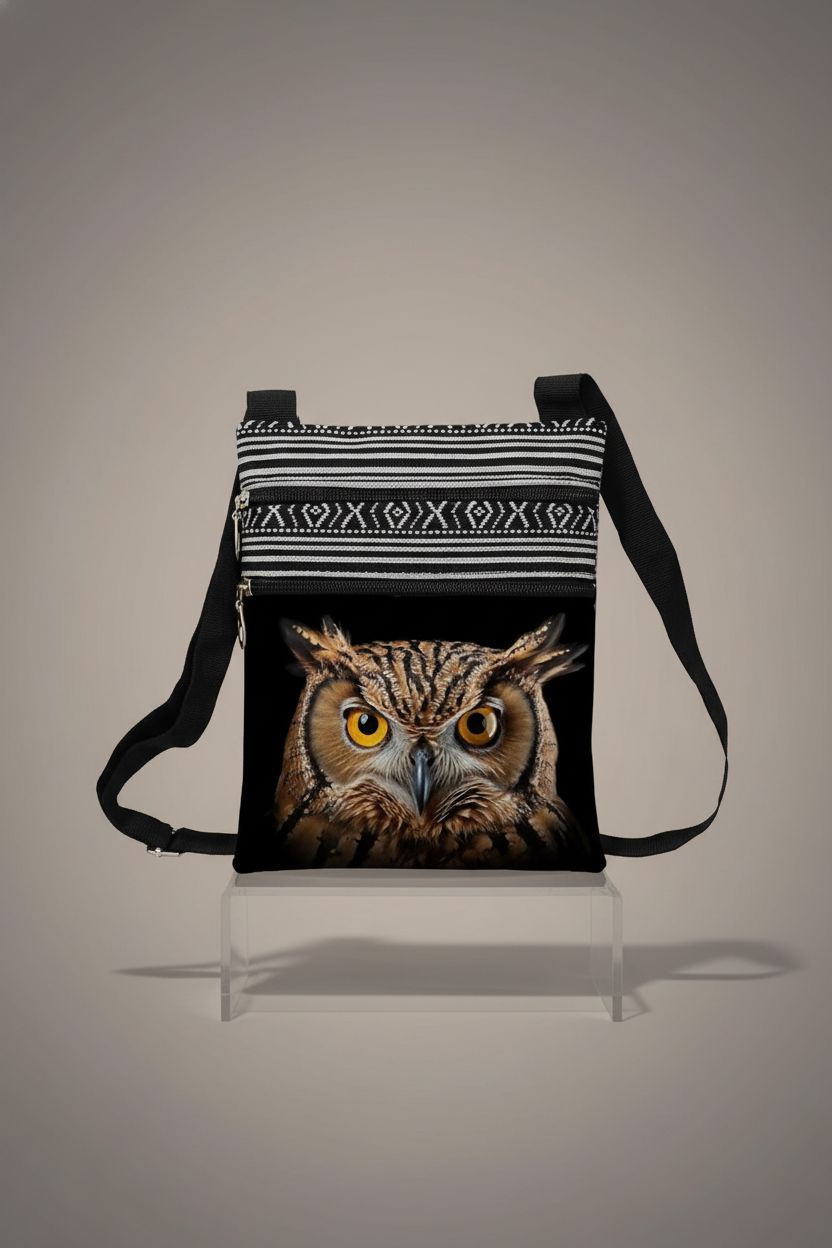 LiuenMgg owl purse showcasing detailed craftsmanship on grey background