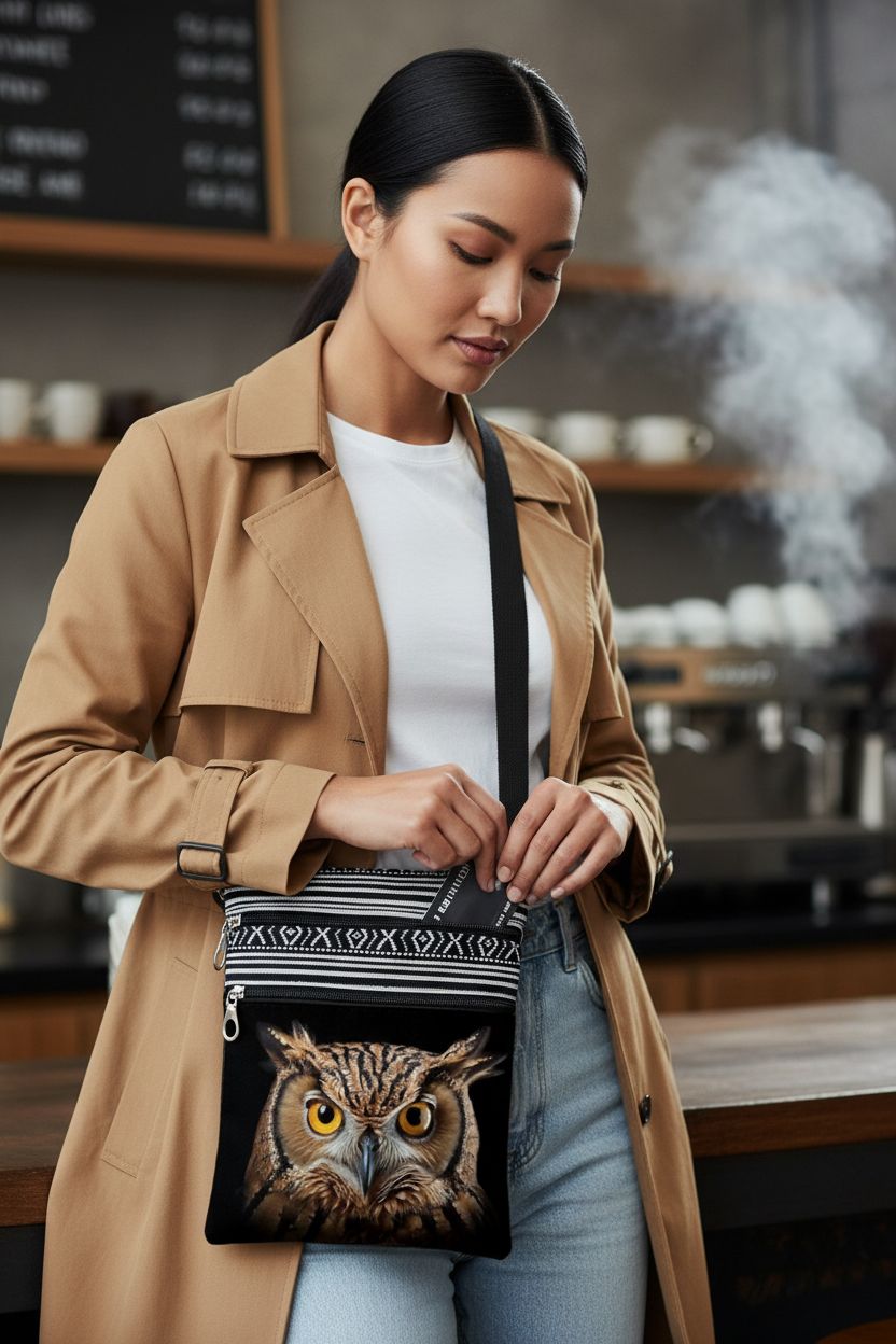 LiuenMgg owl purse with ethnic pattern, unzipped at cozy café counter