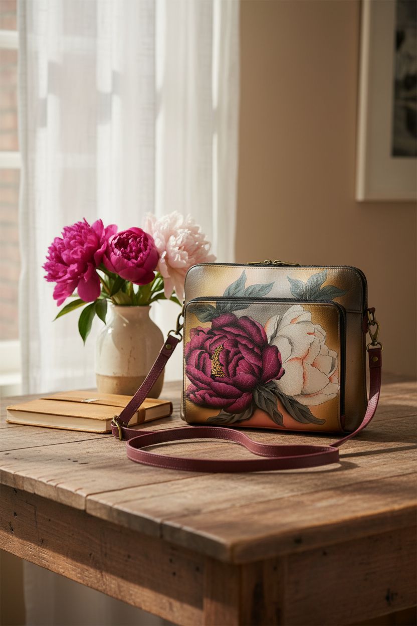 Anna by Anuschka crossbody purse resting on a wooden table by a vase, capturing a cozy morning vibe.
