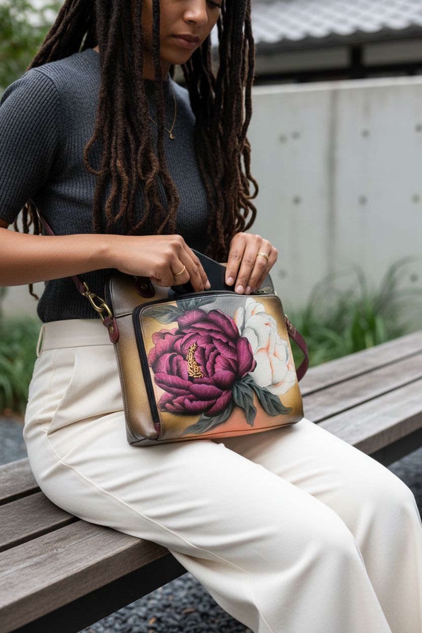 Anna by Anuschka hand-painted leather crossbody bag with floral design, open and revealing card slots.