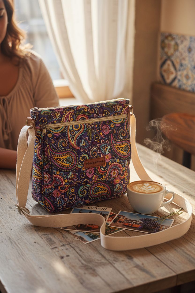 Malirona paisley bag on a wooden table with coffee and postcards, evoking travel vibes.