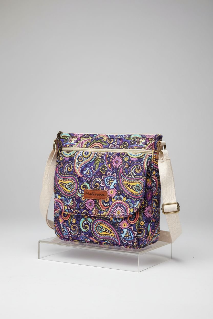 Malirona durable floral canvas handbag displayed in a studio, showcasing its quality and design.
