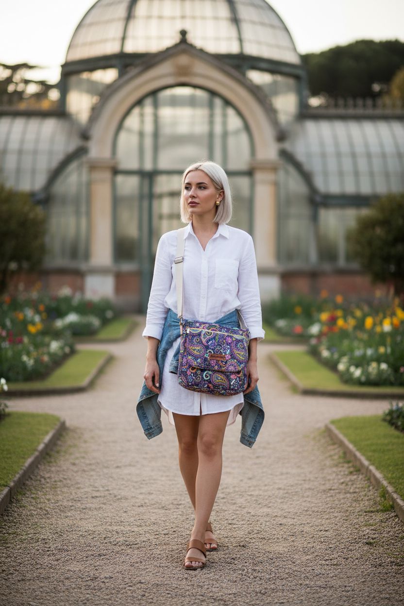 Malirona vibrant purple paisley crossbody bag in botanical garden, perfect for spring outings.
