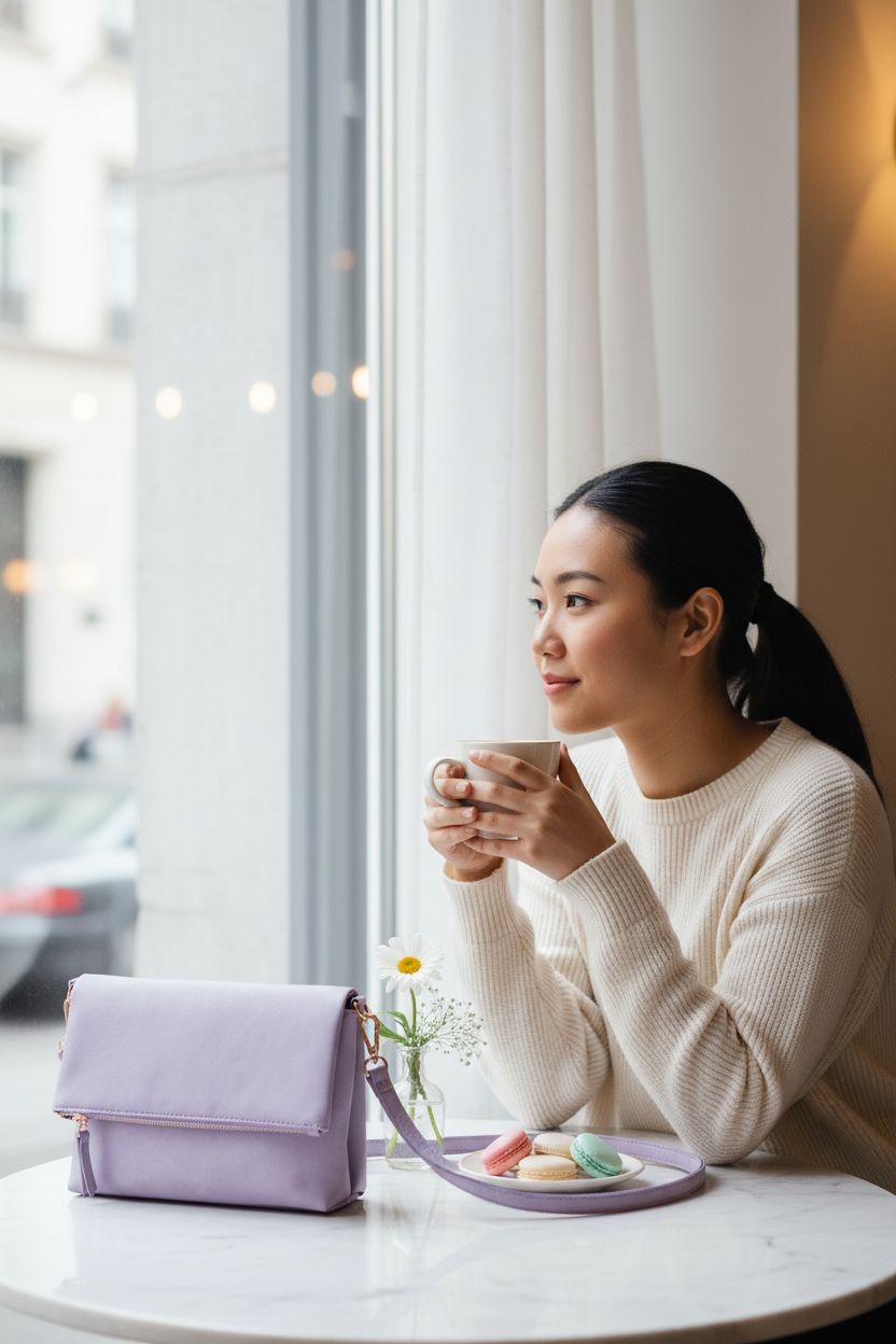Cozy setting with Gladdon pastel violet bag beside macarons in a chic café.