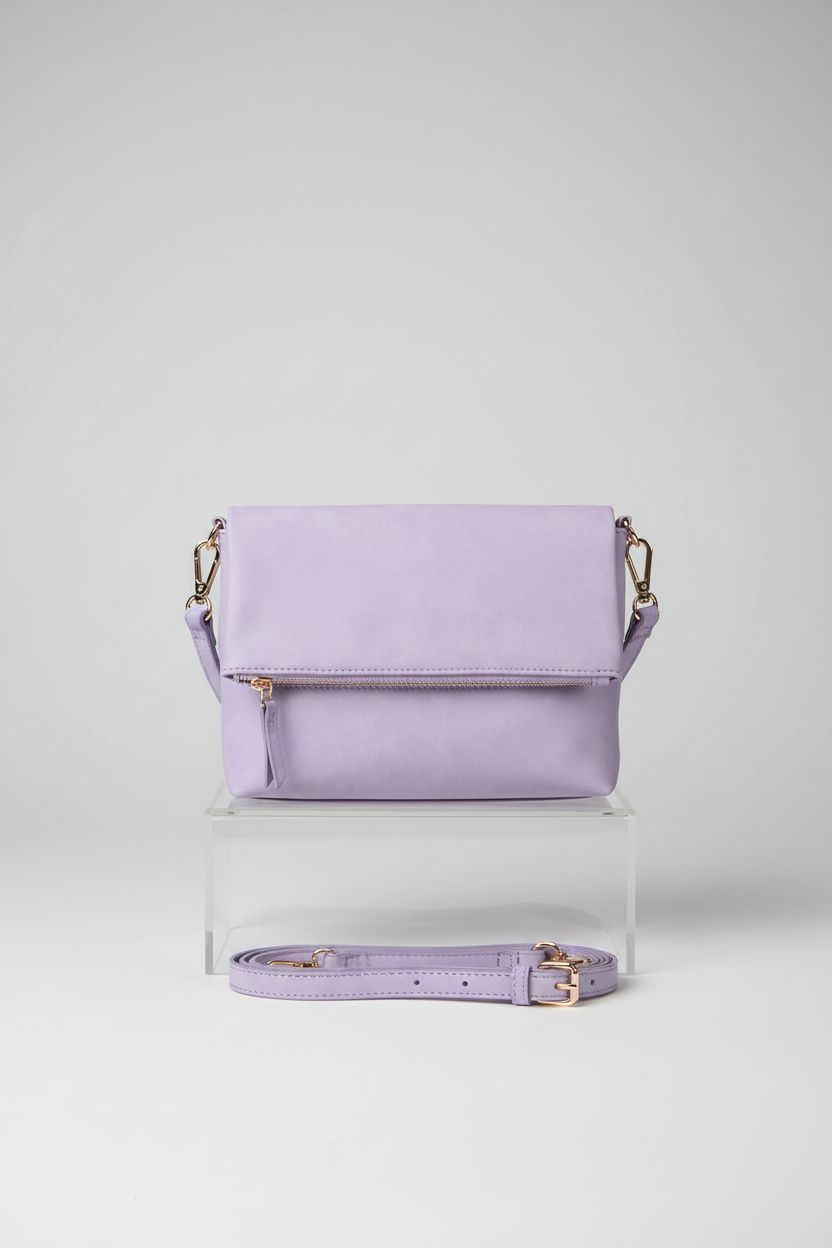 Gladdon small pastel violet purse on an acrylic riser, highlighting its elegant design.