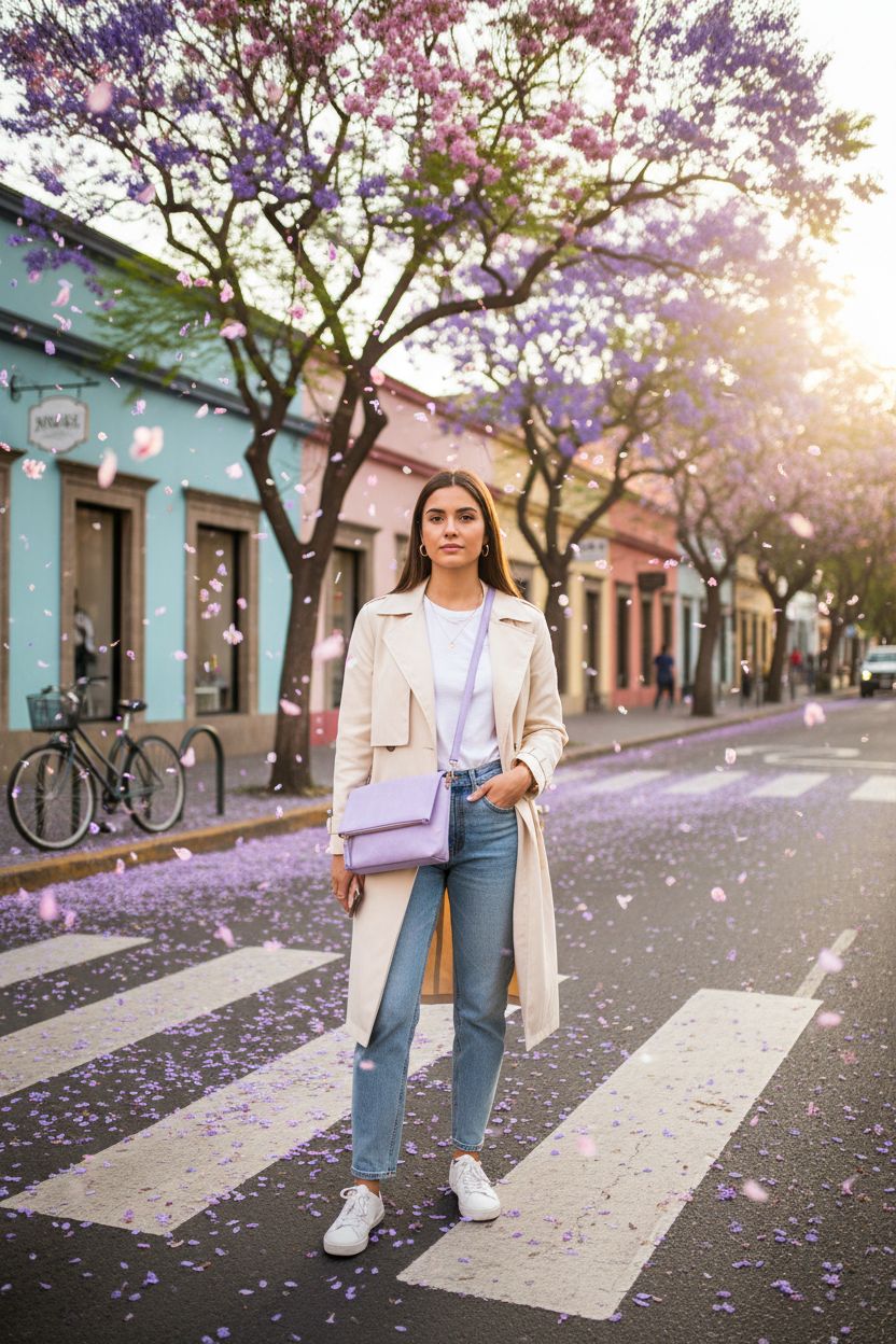 Pastel violet crossbody purse by Gladdon under blooming trees, perfect for a chic stroll.