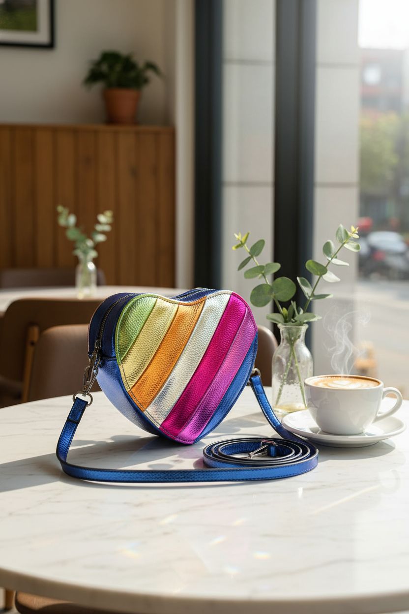 Rainbow heart bag by NPJGKY resting on a marble table with a latte and greenery.