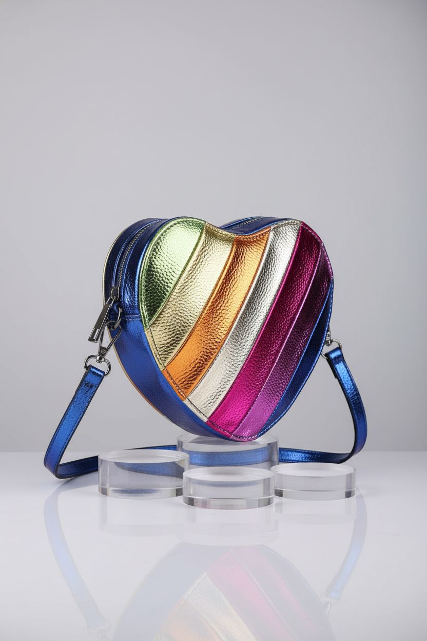 Rainbow metallic heart bag by NPJGKY showcased on acrylic risers with soft lighting.