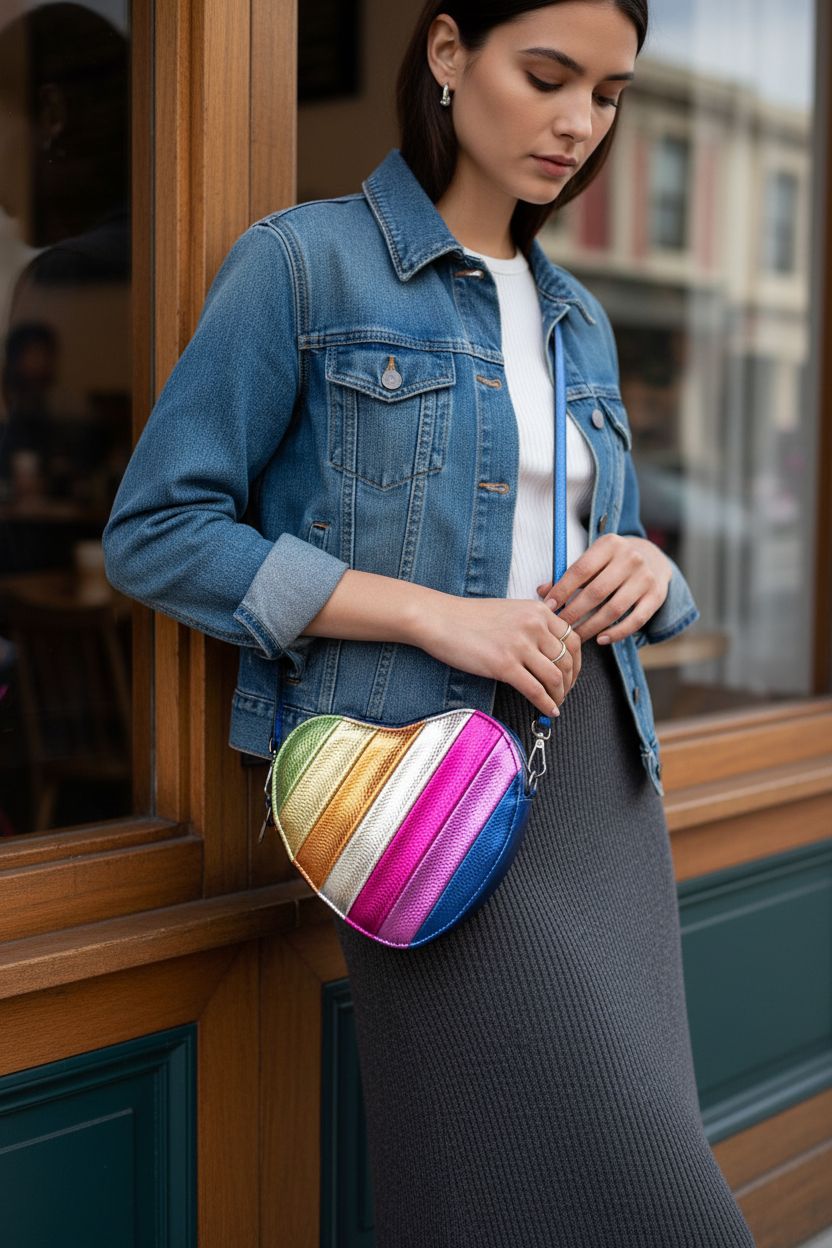 Rainbow patchwork heart-shaped crossbody bag by NPJGKY in a stylish cafe setting.