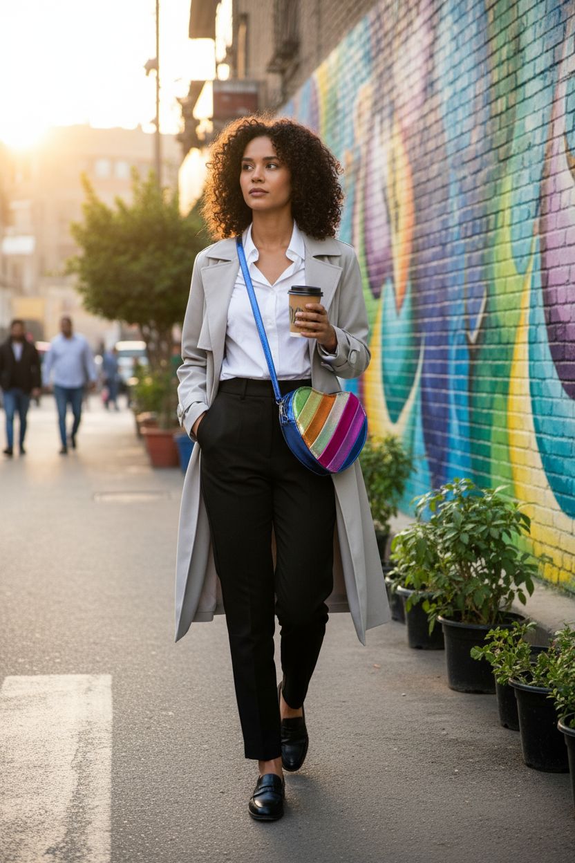 Colorful rainbow heart bag from NPJGKY against a vibrant mural in an arts district.