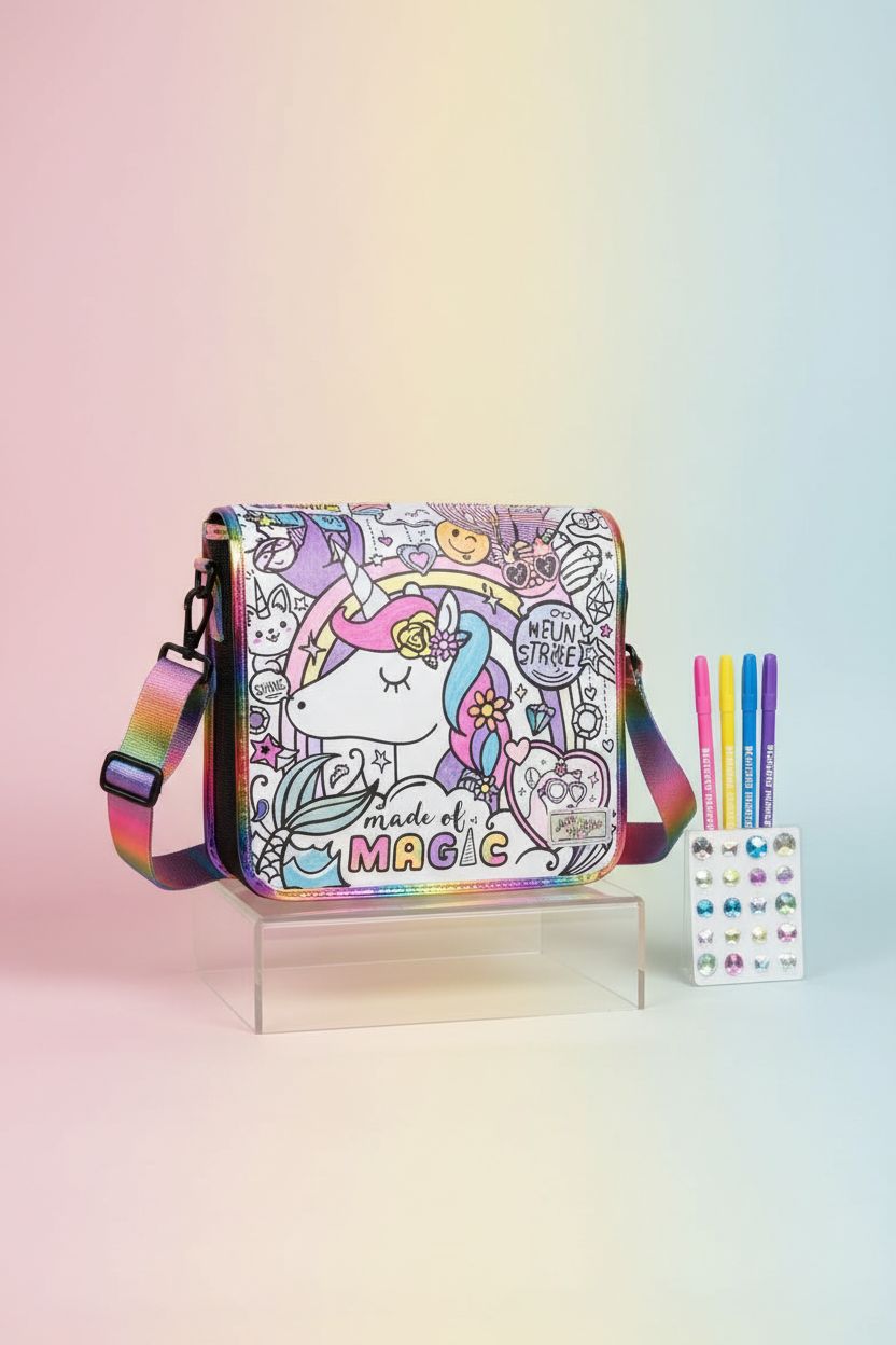 Studio shot of Just My Style unicorn messenger bag with markers on a rainbow gradient backdrop.