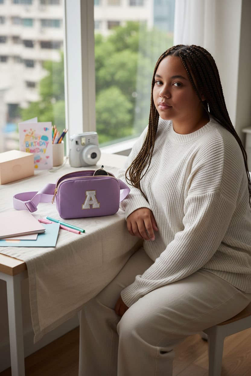 Cozy study nook with Gitus lavender bag resting on a birch desk among stationery.