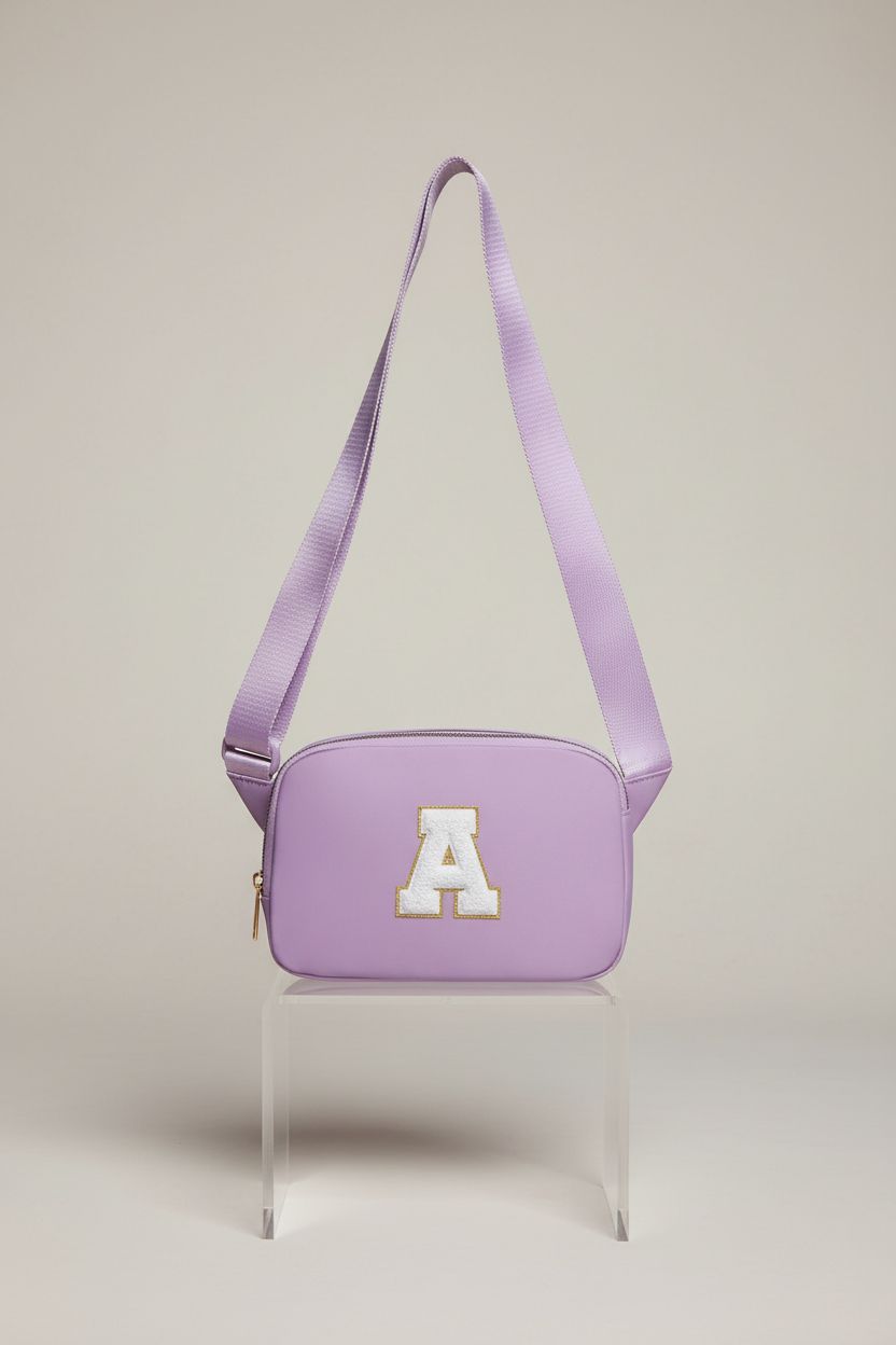 Gitus lavender fanny pack showcased on an acrylic riser highlighting its design.