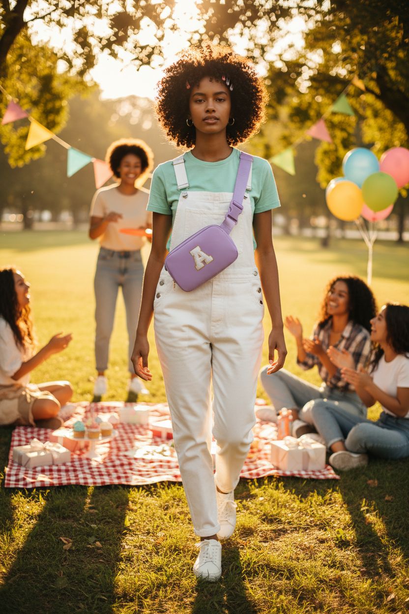Lavender personalized fanny pack from Gitus on a picnic with colorful decor.