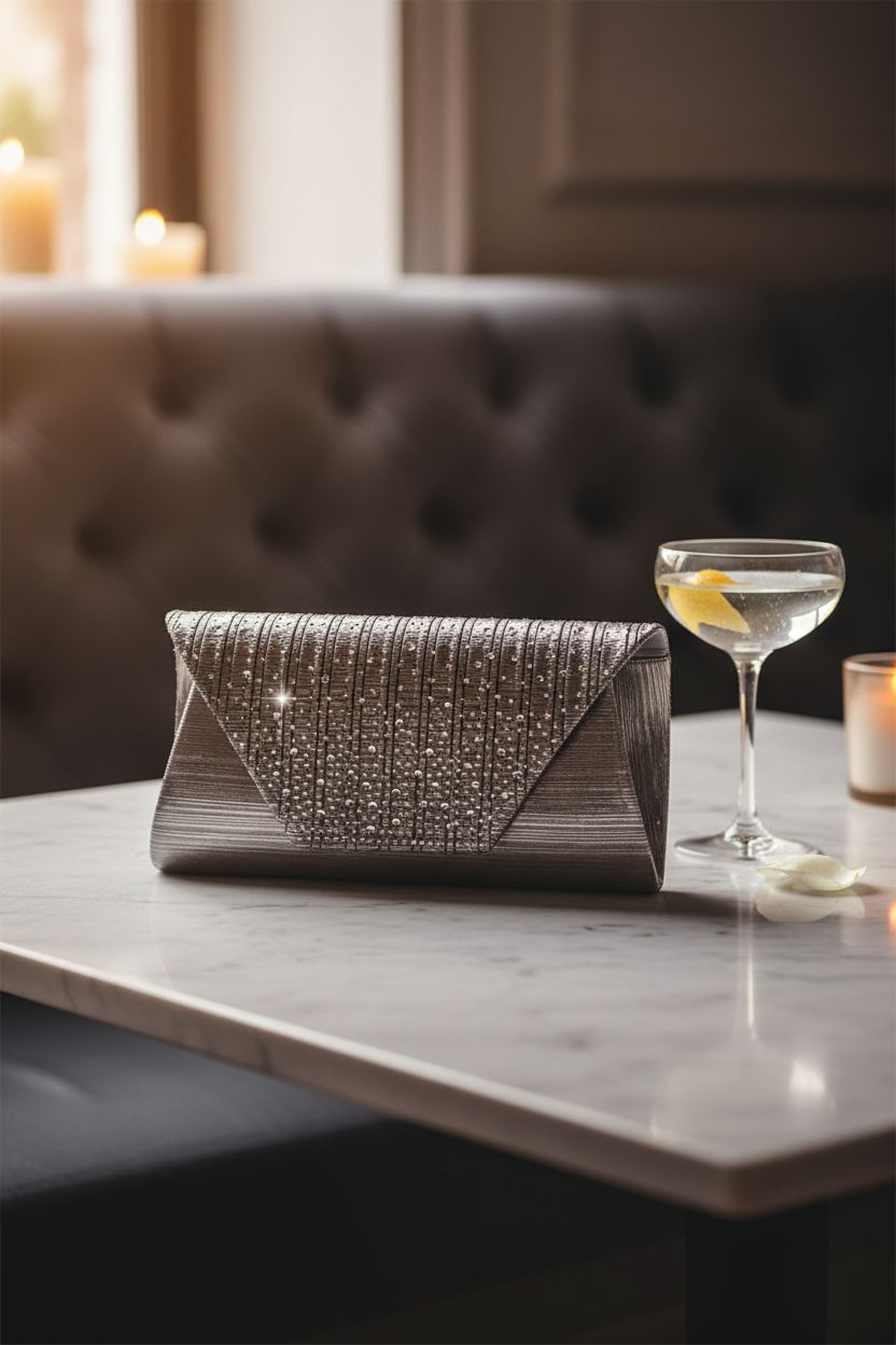 Dasein pewter clutch on a marble table in a cozy cocktail lounge setting