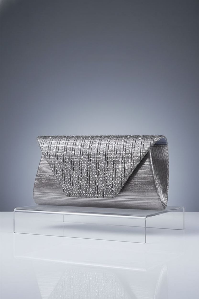 Dasein pewter clutch showcasing pleated satin and silver-tone hardware in studio lighting