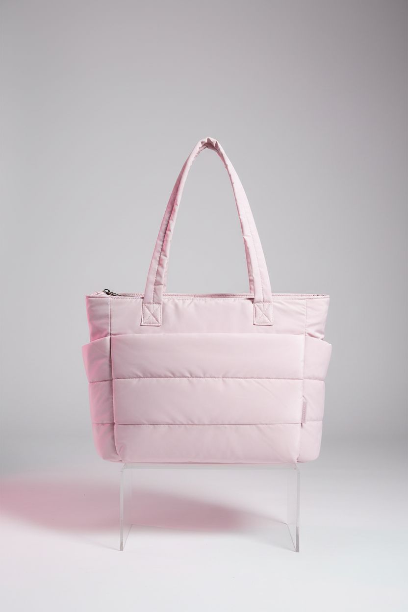 BAGSMART pink tote bag showcased with detailed quilting on gray backdrop