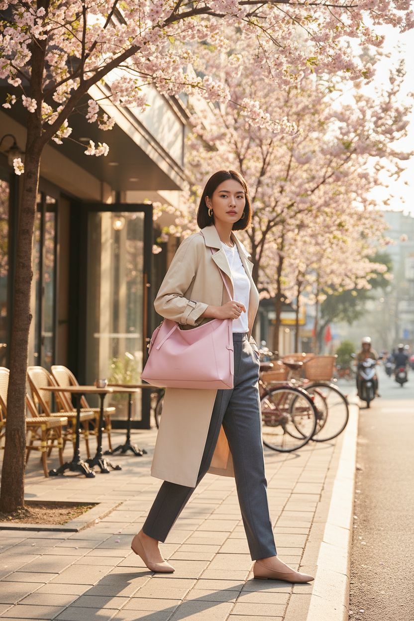 LA'FESTIN pink leather crossbody bag worn casually while walking in a spring street with blooming trees