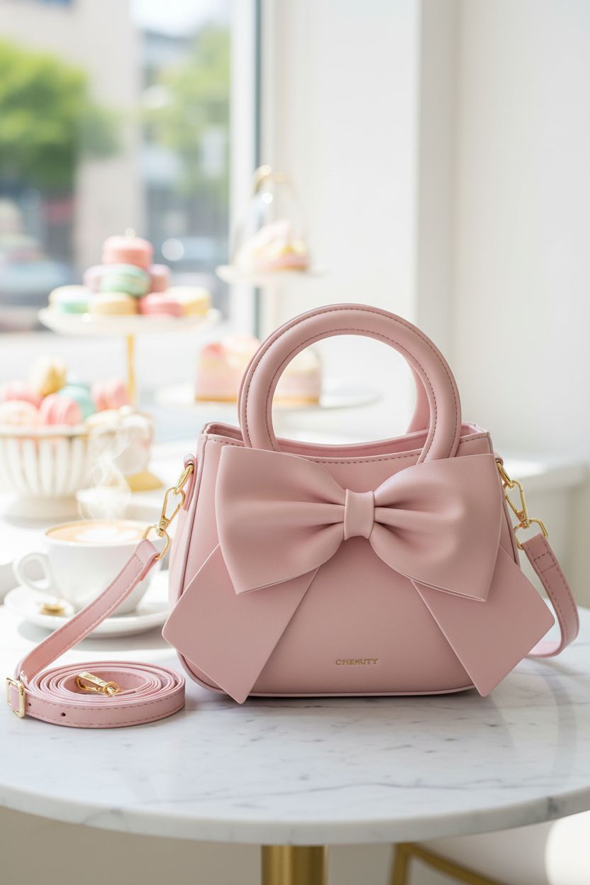 CHERUTY blush-pink purse on marble table with macarons, showcasing vegan leather and bow detail.