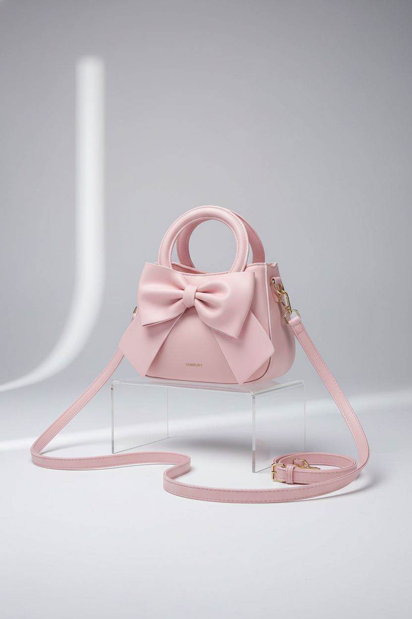 Product shot of CHERUTY pink crossbody bag on minimal backdrop, highlighting its vegan leather texture and bow.