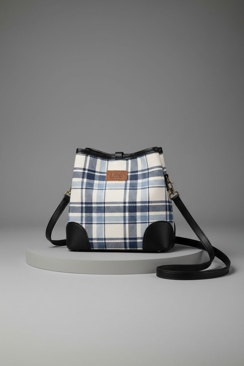 Montana West plaid bucket bag on a gray pedestal, emphasizing its design features and craftsmanship.