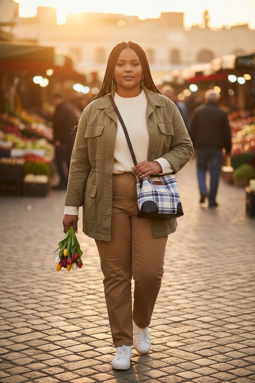 Montana West blue-and-cream plaid bucket bag in a market setting, showcasing its stylish design.