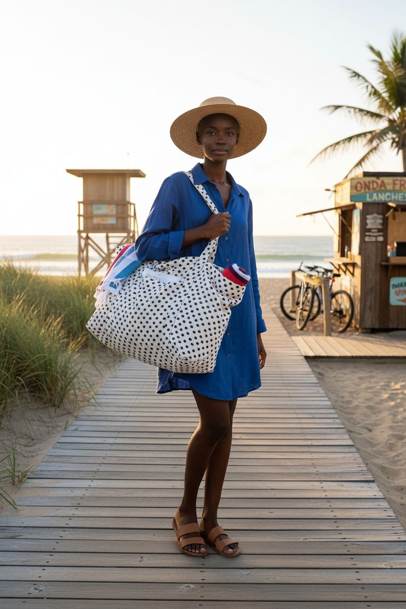 UERRUAM polka dot bag on coastal boardwalk, packed for a beach day.