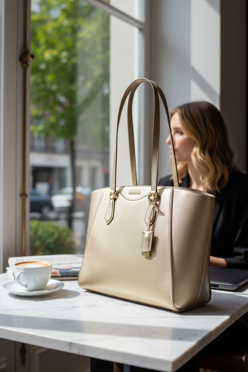 Michael Kors tote bag beside a cappuccino in an upscale café, highlighting its elegant design.