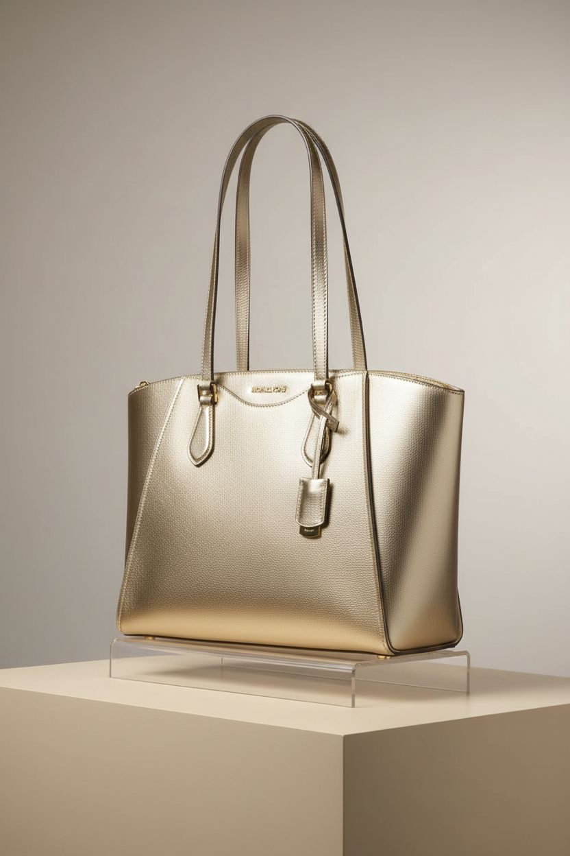 Close-up of Michael Kors Taryn Tote Bag, showcasing its metallic leather and gold-tone details.