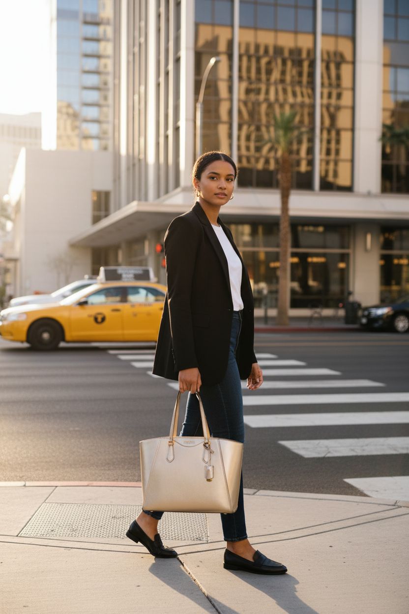Pale gold Michael Kors tote bag against a tailored outfit, perfect for morning commutes.